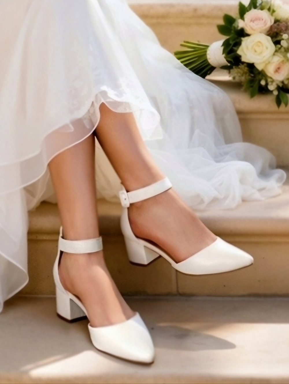 SNOW WHITE Ankle Strap Pointed Toe Low Chunky Dress Shoes